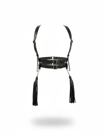 Black Faux Leather Double Buckle Waist Harness with Tassels