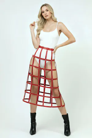 Red Faux Leather Cage Skirt Harness Grid Pattern Front View