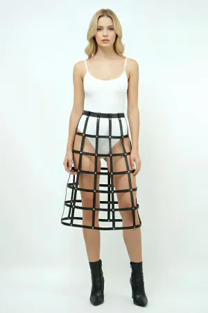 Black Skirt Leather Striped Cage Detailed Skirt Midi Length Leather Skirt - APFT1396