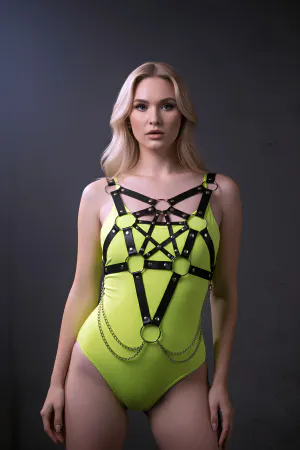 Black Women's Belt Chain Detailed Linked Leather Body Accessory - APFT1399
