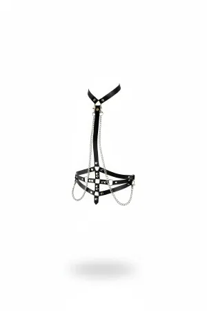 Black Faux Leather Body Harness with Caged Design, Silver O-Rings, Studs, and Draped Chains for Women