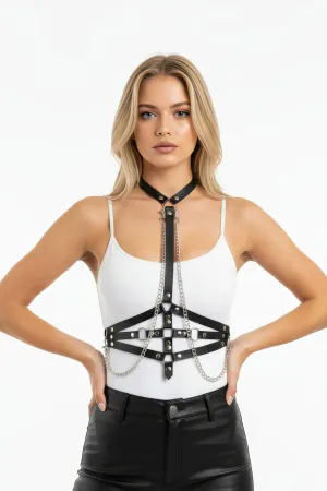 Black Faux Leather Choker Chest Harness with Silver Chains