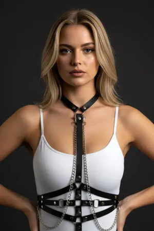 Black Faux Leather Choker Chest Harness with Silver Chains