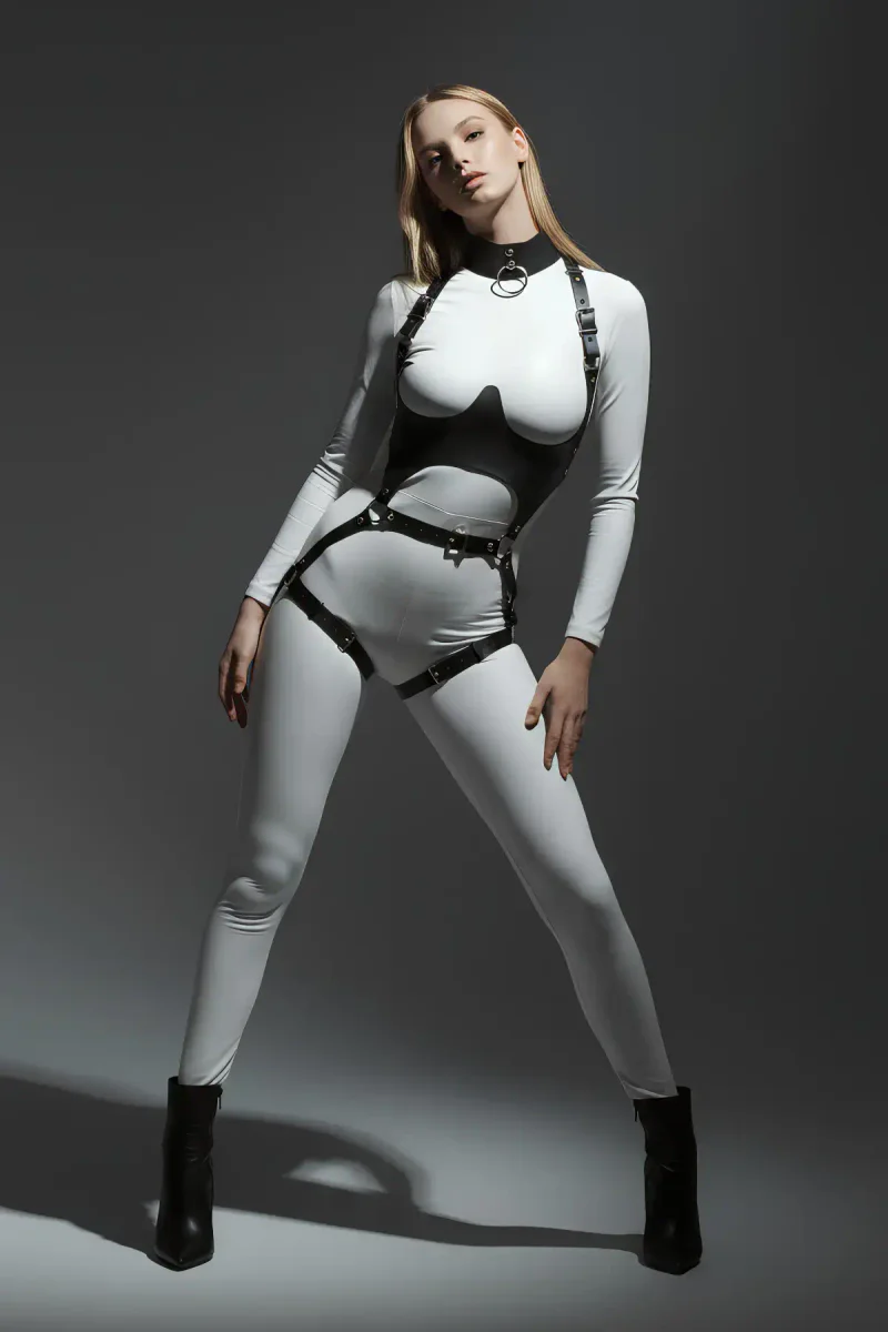 Black faux leather full body harness with corset detail and adjustable straps