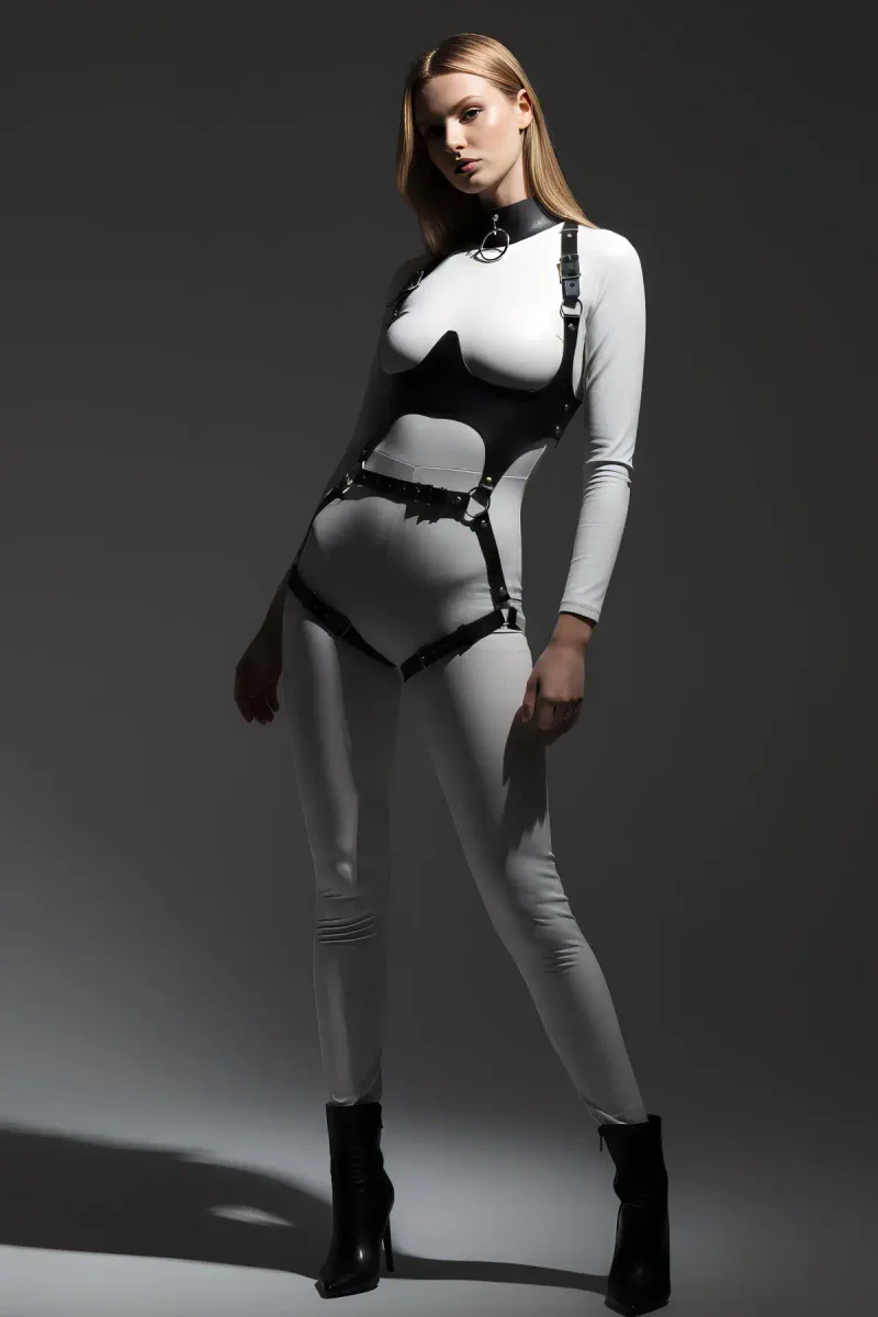 Side profile of black faux leather corset harness showing strap configuration and leg straps