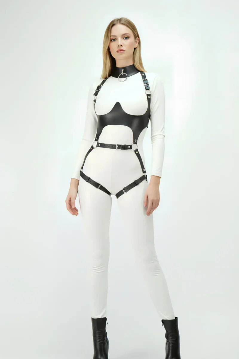 White full body harness with black strappy corset detail and collar