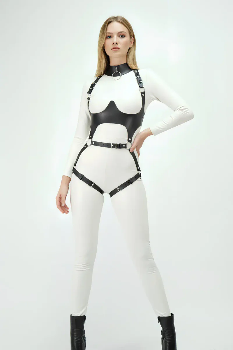 Black full body harness with corset straps and leg garters