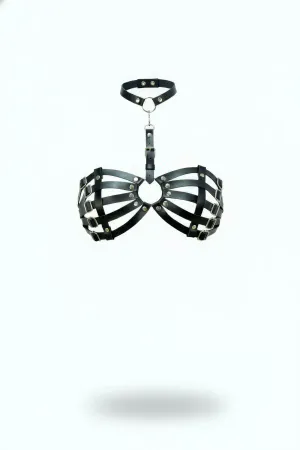 Black Chest Harness Collar Detailed Cage Structure Leather - APFT1408