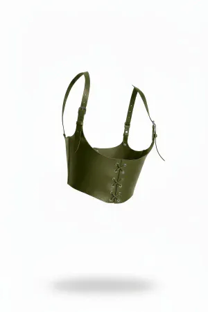 Olive-Khaki Faux Leather Underbust Corset Harness Front Lacing Detail