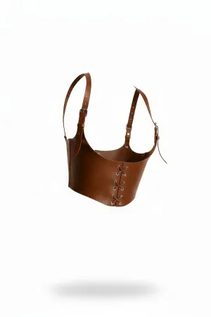 Cognac Faux Leather Underbust Harness with Lace-Up Front and Wide Shoulder Straps