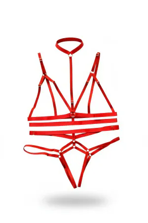 Red Harness Suit Neck Tie Ring Detailed Body Cage - APFT144