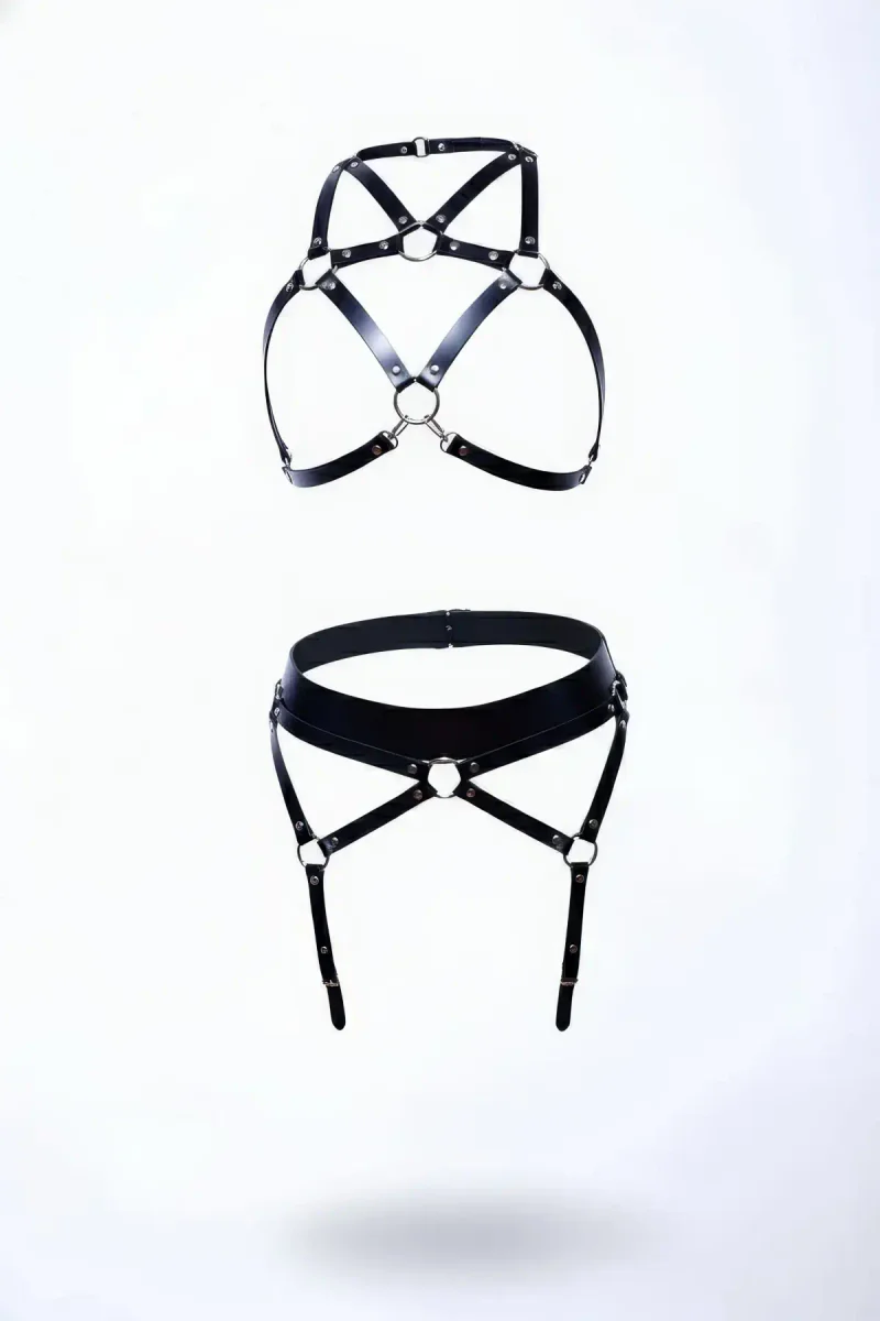Black Faux Leather Harness Bra and Garter Belt Set with Silver O-Rings