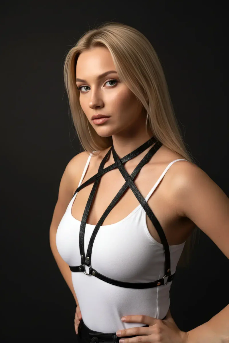 Black vegan leather chest harness