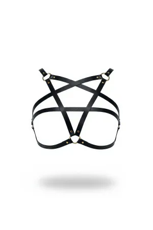 Black Chest Harness Star Detailed Faux Leather Body Accessory - APFT167