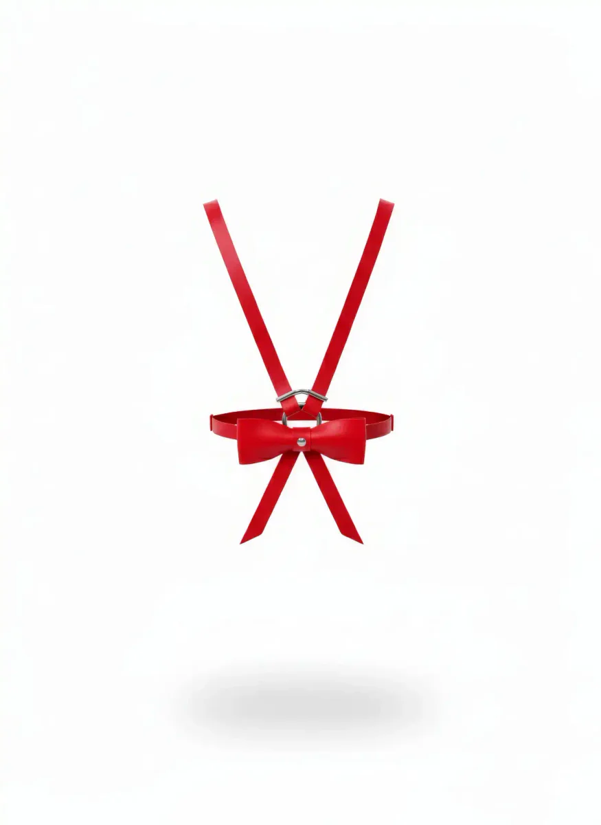 Red Ribbon Body Harness Front View with Delicate