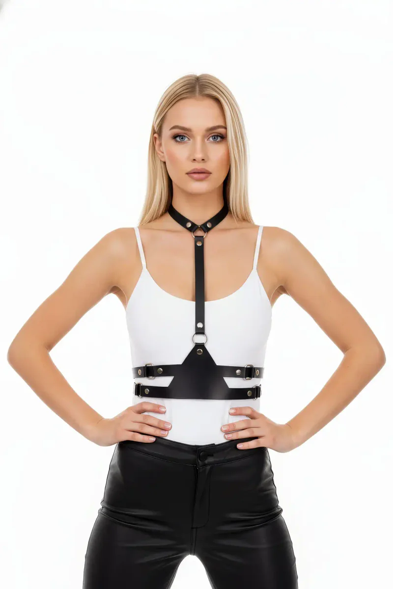 Black Women's Belt Leather Body Accessory with Neck Detail - APFT17