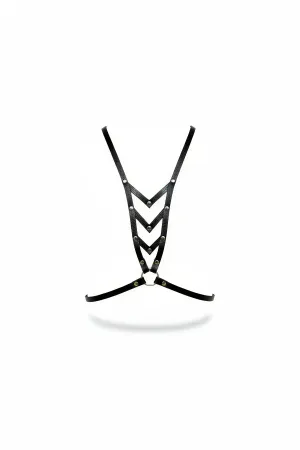Black Faux Leather Chest Harness with Studded Chevron Design and Silver O-Ring Detail for Women