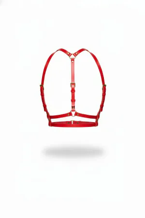 Red Faux Leather Chest Harness Adjustable Straps Gold Hardware