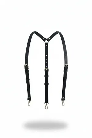 Black Faux Leather Y-Back Body Harness Silver Clasps Adjustable Straps
