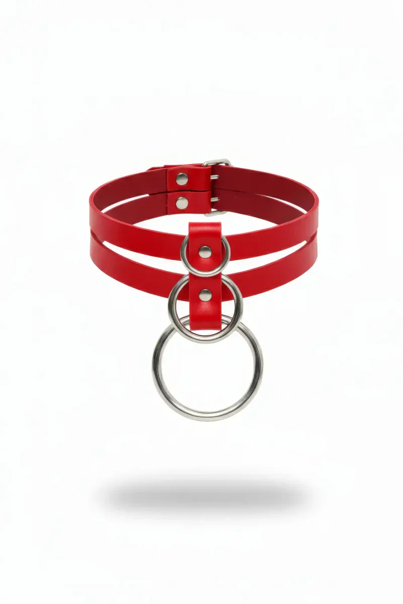 Red Faux Leather Double Strap Choker with Large O-Ring Detail Silver Hardware