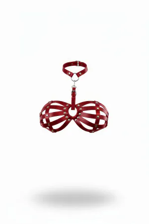 Red Chest Harness Leather Caged Staple Detailed Neck Collar - APFT224