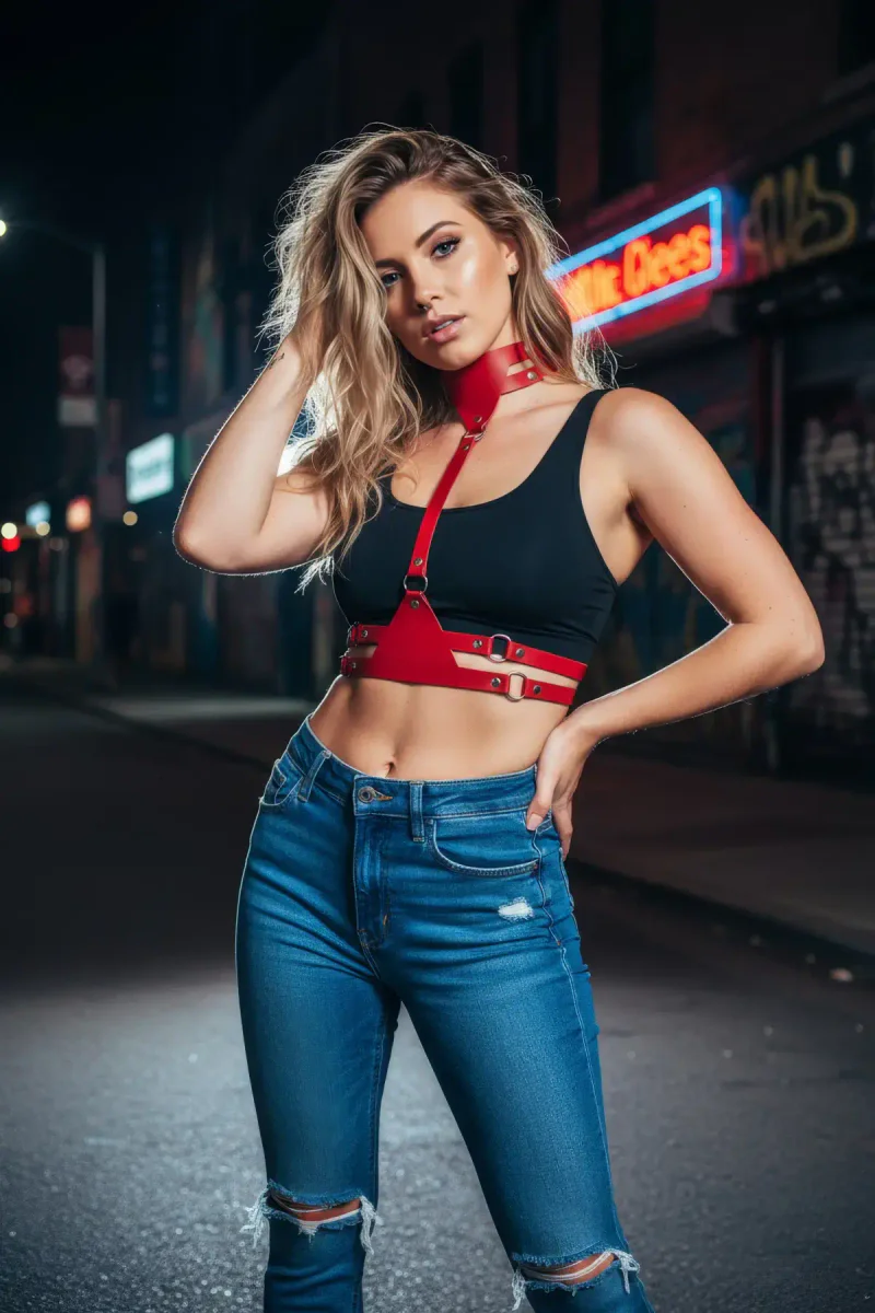 Red Fashion Harness Front View Vegan Leather and