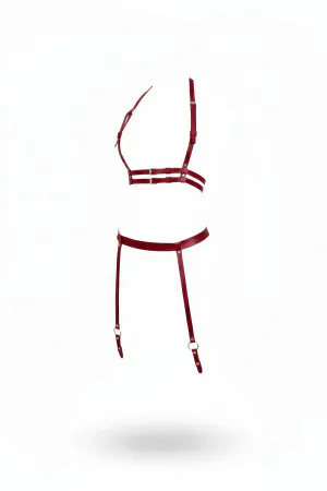 Claret Red Harness Suit with Leather Strip and Adjustable Garter - APFT232