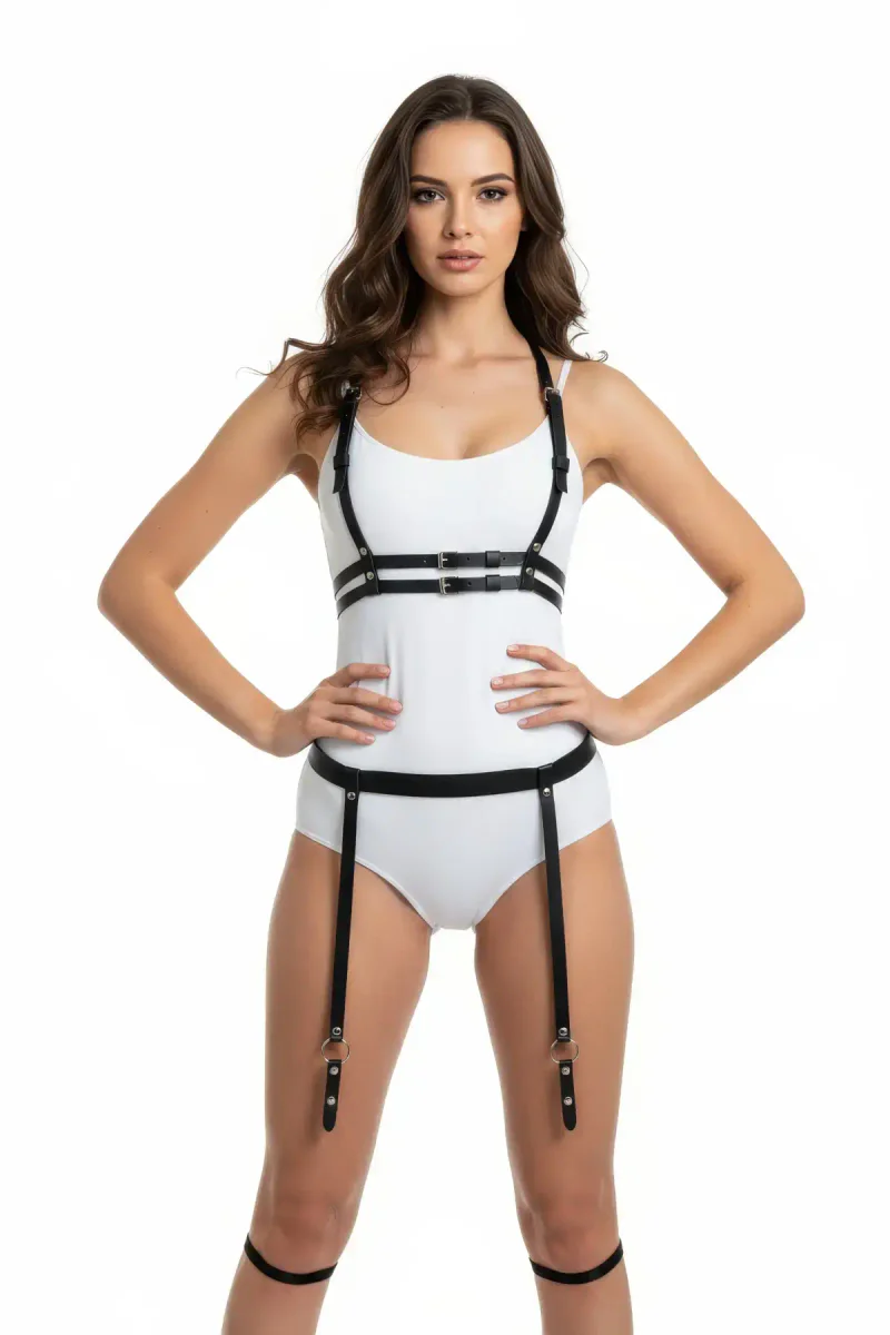 Black Harness Suit Faux Leather Buckle Body Accessory - APFT232