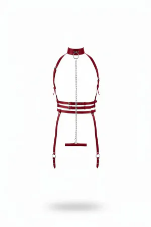 Claret Red Harness Suit Body Accessory with Chain Detailed Neck Collar - APFT233