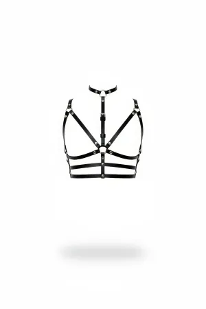 Black Chest Harness Leather Neck Collar with Adjustable Metal Detail - APFT235
