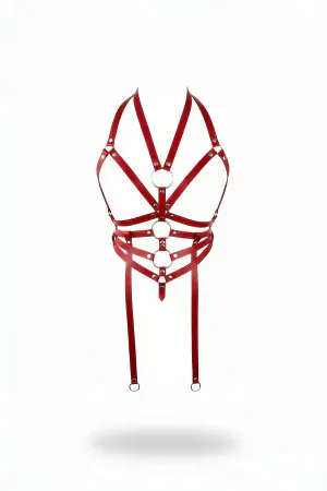 Red Chest Harness Leather Ring Detailed Body Accessory - APFT23