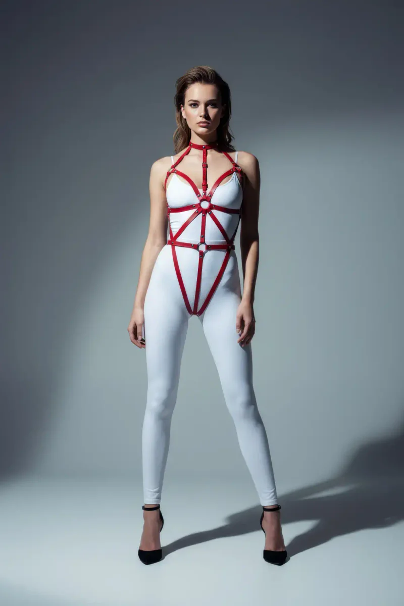 Red Faux Leather Full Body Harness with O-Ring Detail