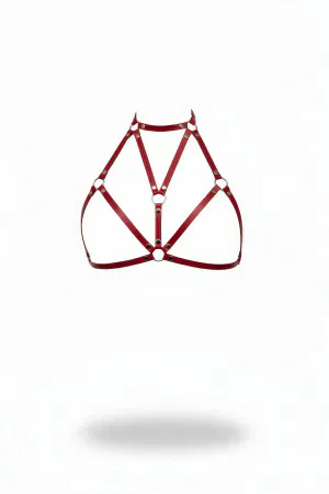 Burgundy Chest Harness Leather High Collar with Metal Ring Detail - APFT244