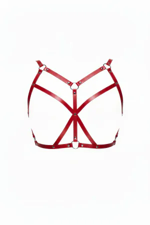 Red Chest Harness Leather Cross Band with O Ring Detail - APFT247
