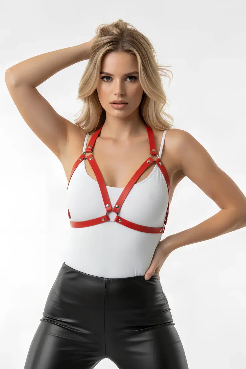 Red Faux Leather Chest Harness Back View Adjustable Straps