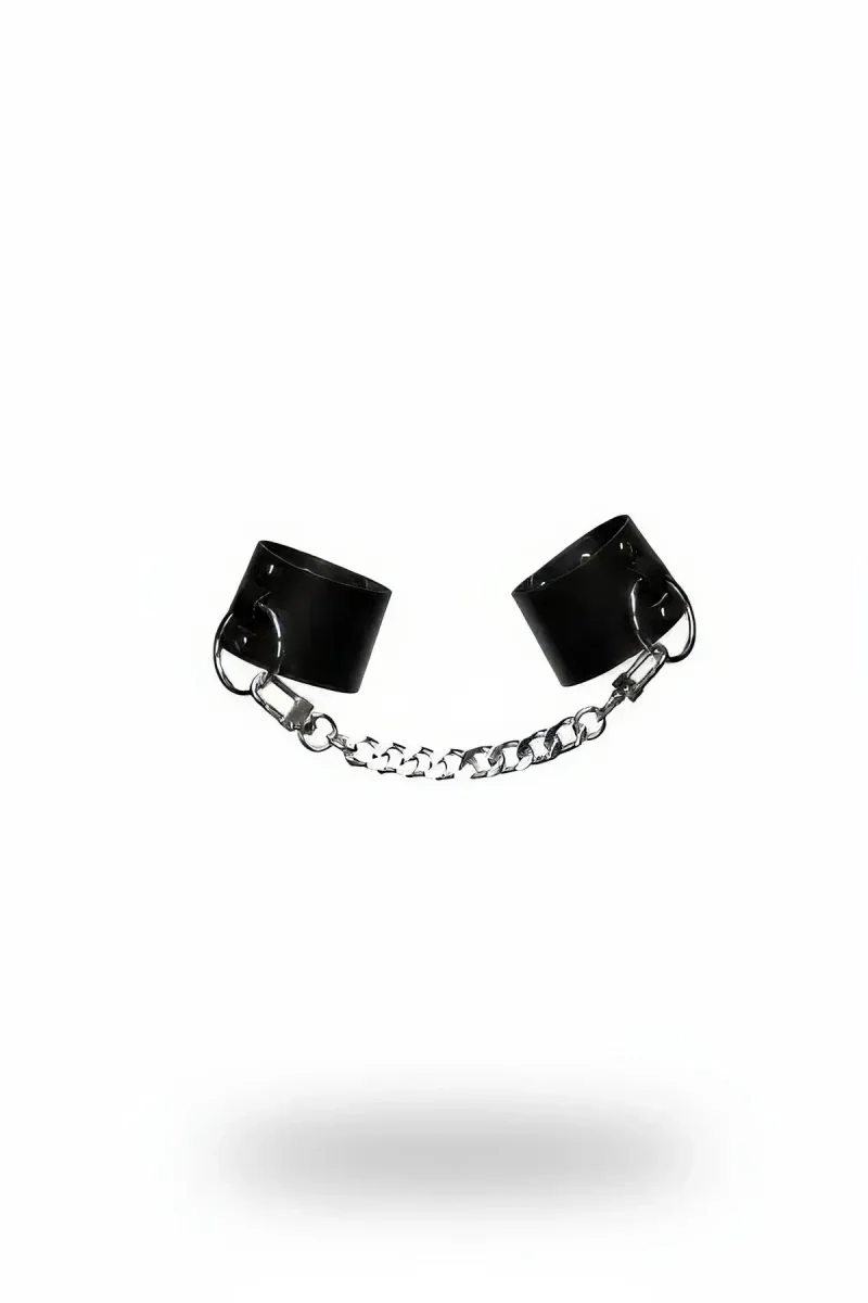 Black Faux Leather Cuffed Handcuffs with Silver Chain