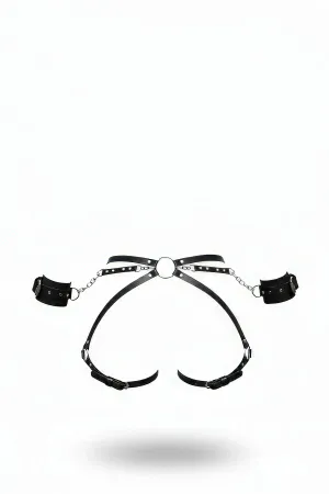 Black Harness Set Leather with Chain Detailed Bracelet Link - APFT270