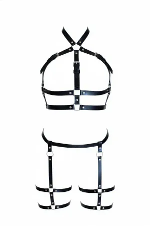 Black Women's Harness Suit Leather Multi-Strap Buckle Body Set - APFT272