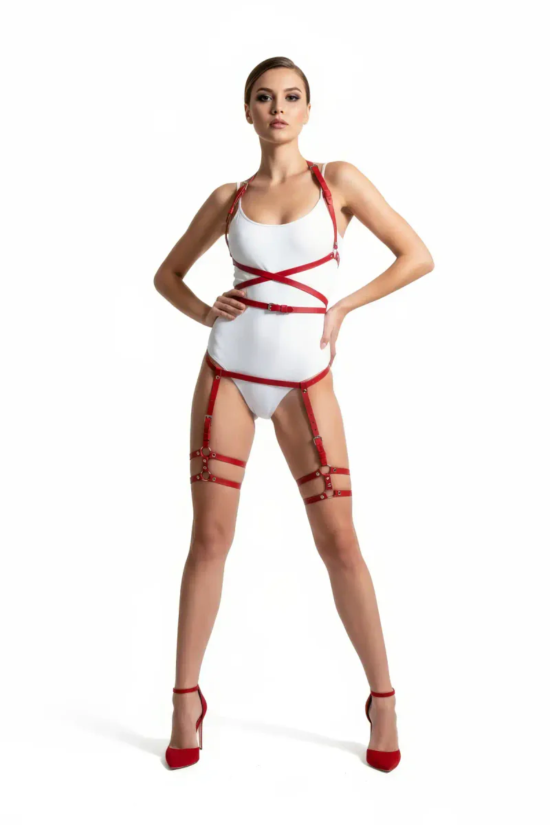 Red Strappy Harness Lingerie Close-Up Buckle Details