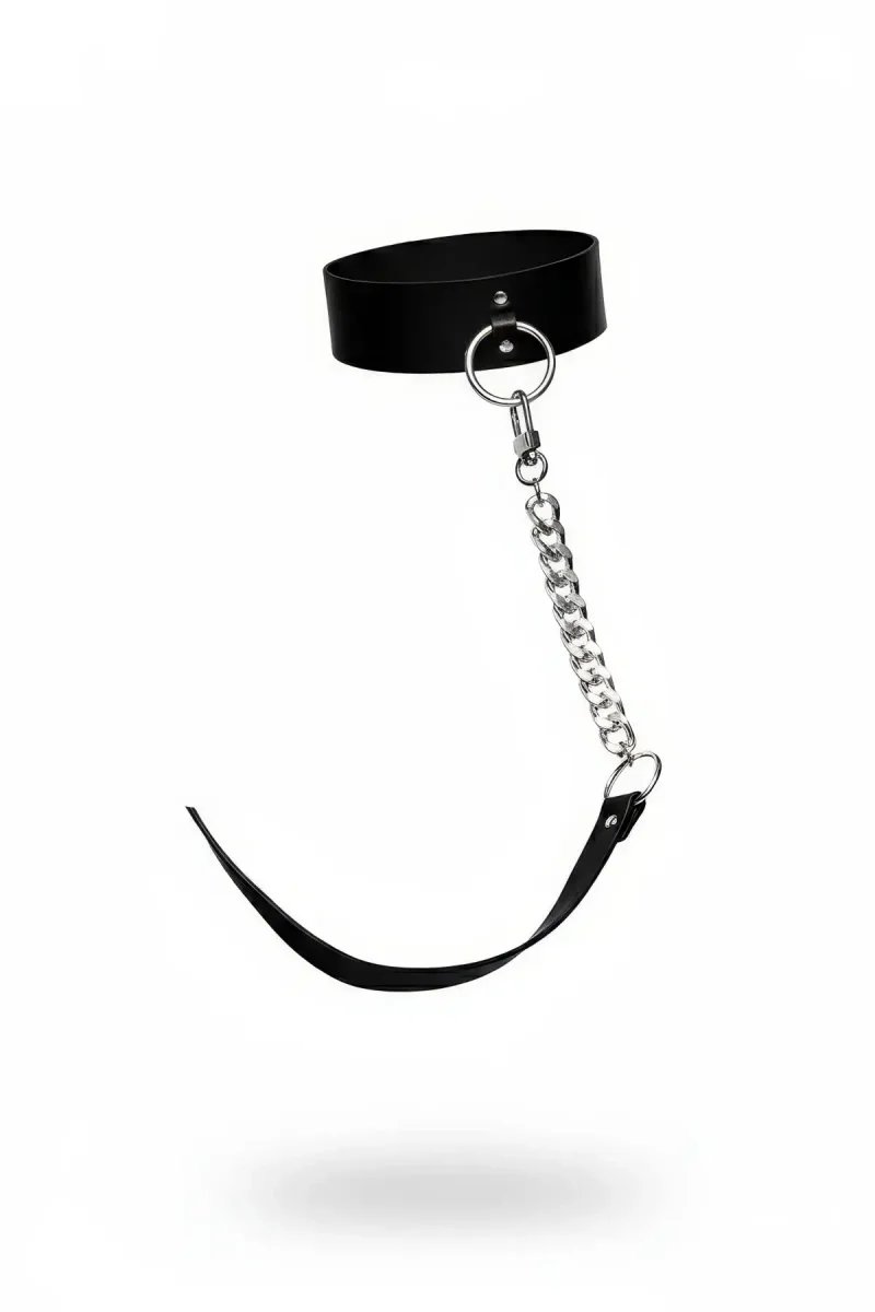 Black faux leather choker with detachable silver chain leash