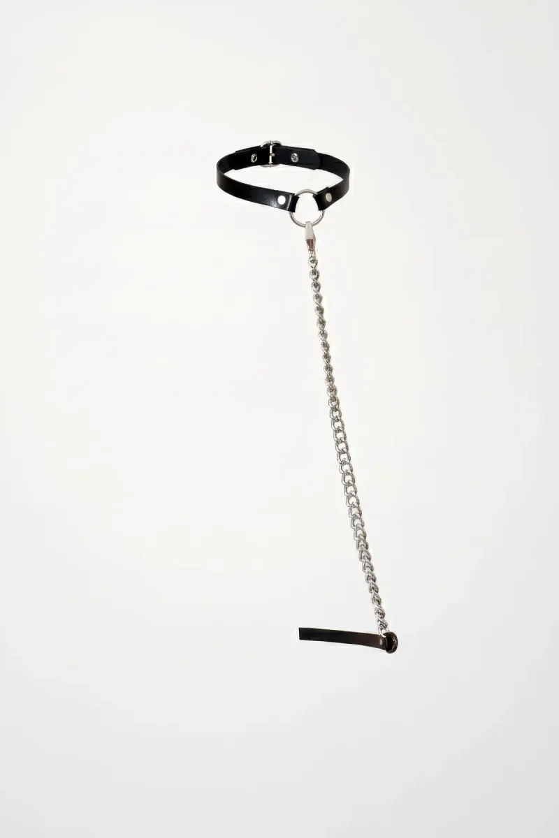 Black Faux Leather Choker with Detachable O-Ring Chain and Silver Chain