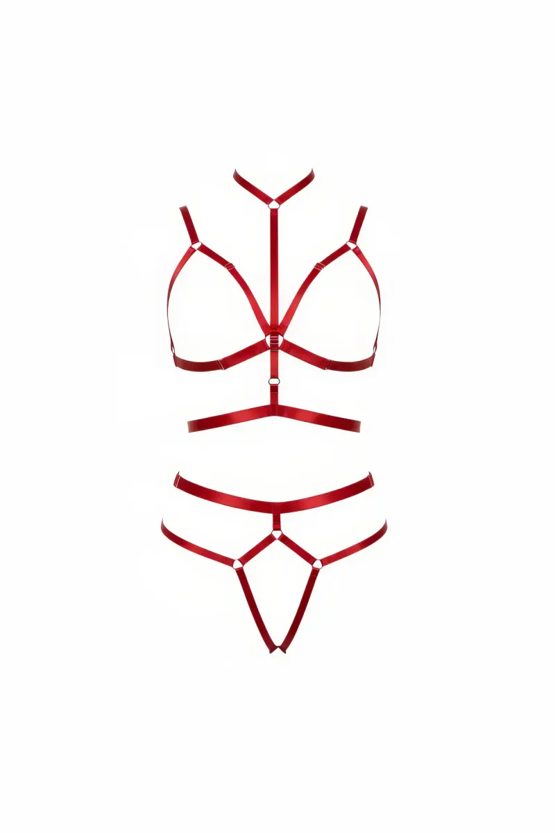 Red Strappy Body Harness Set with High Collar O-Rings