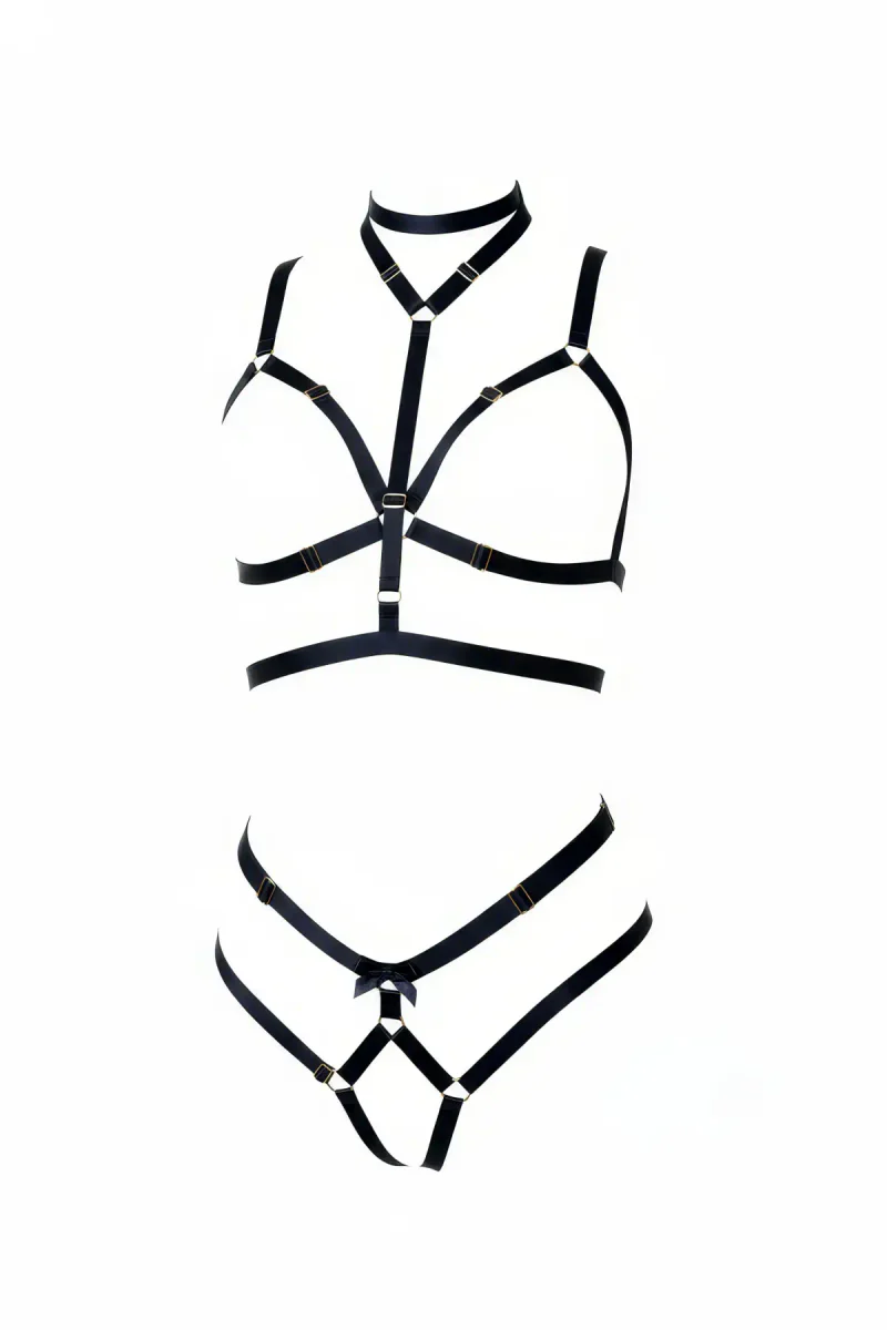 Black Elastic Choker Harness Bralette and Matching Strappy Panty Set