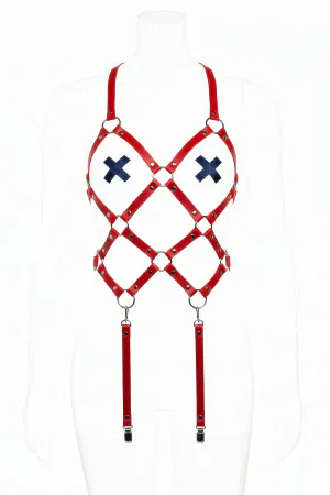 Body Harness Red Faux Leather Cage with X Detail Straps