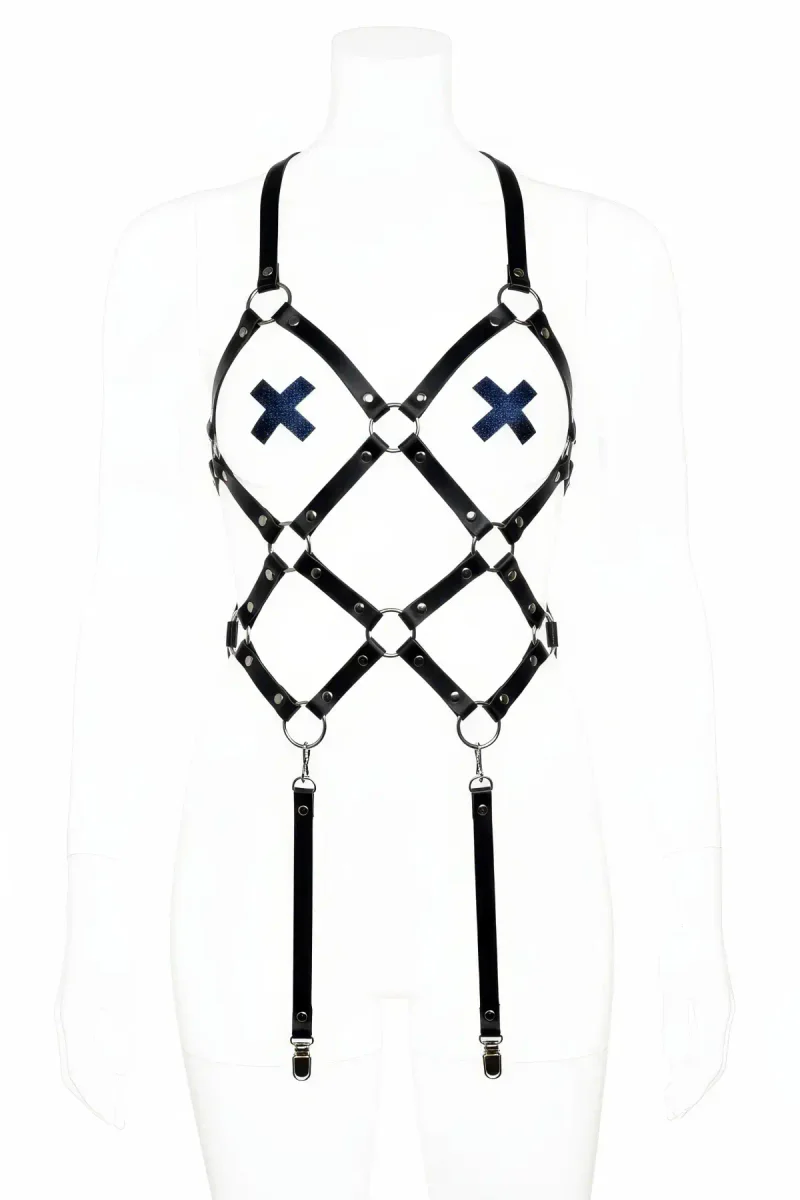 Black Cage Body Harness with Adjustable Straps & Garter