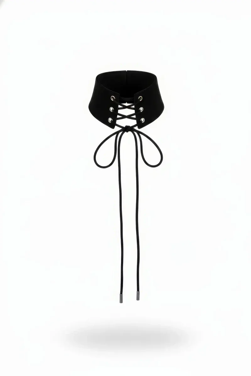 Black Faux Leather Wide Choker with Corset Lace-Up Detail