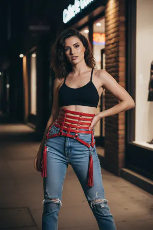 Red Women's Belt Wide Corset Detailed Leather Belt - APFT408
