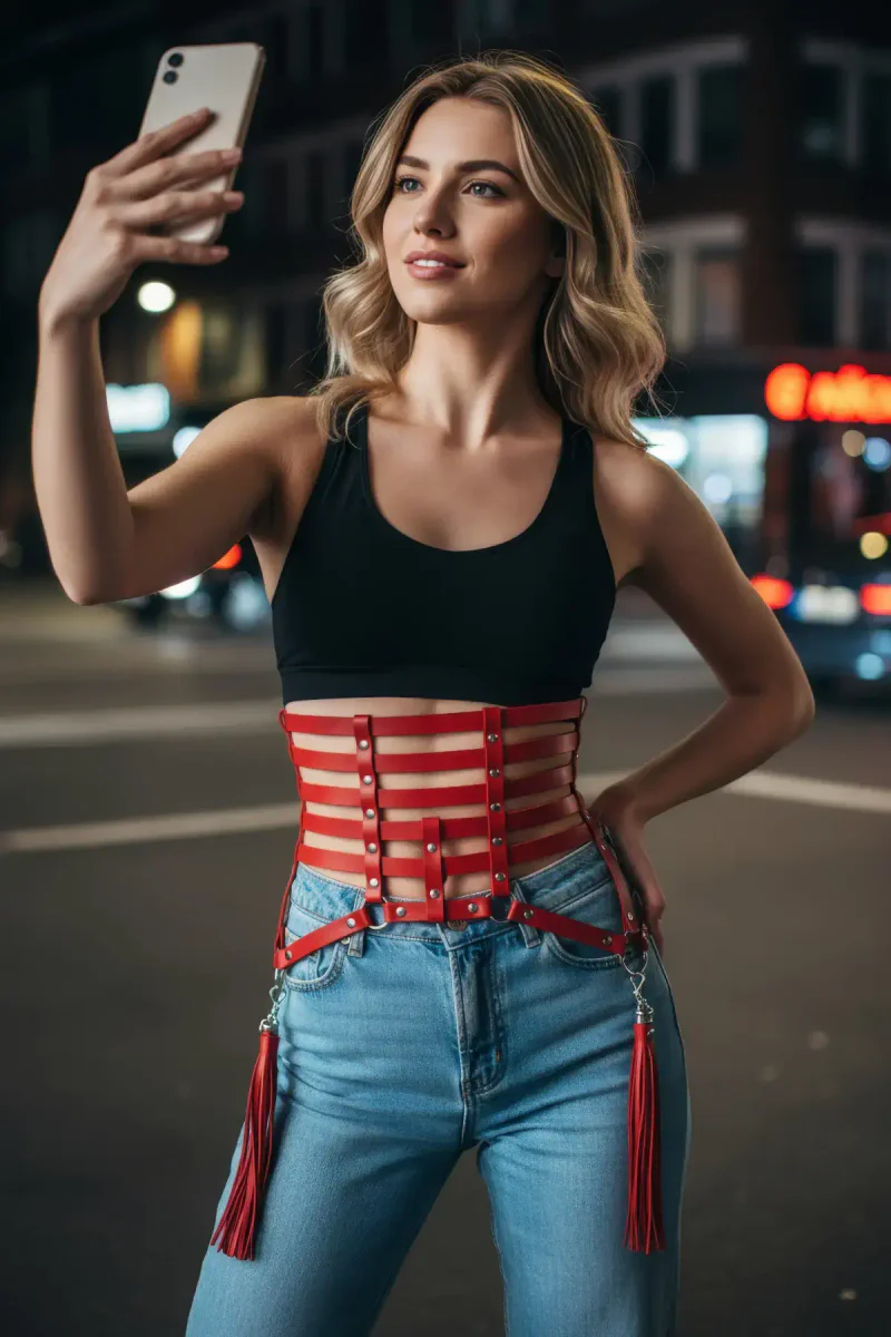 Red Women's Belt Wide Corset Detailed Leather Belt - APFT408