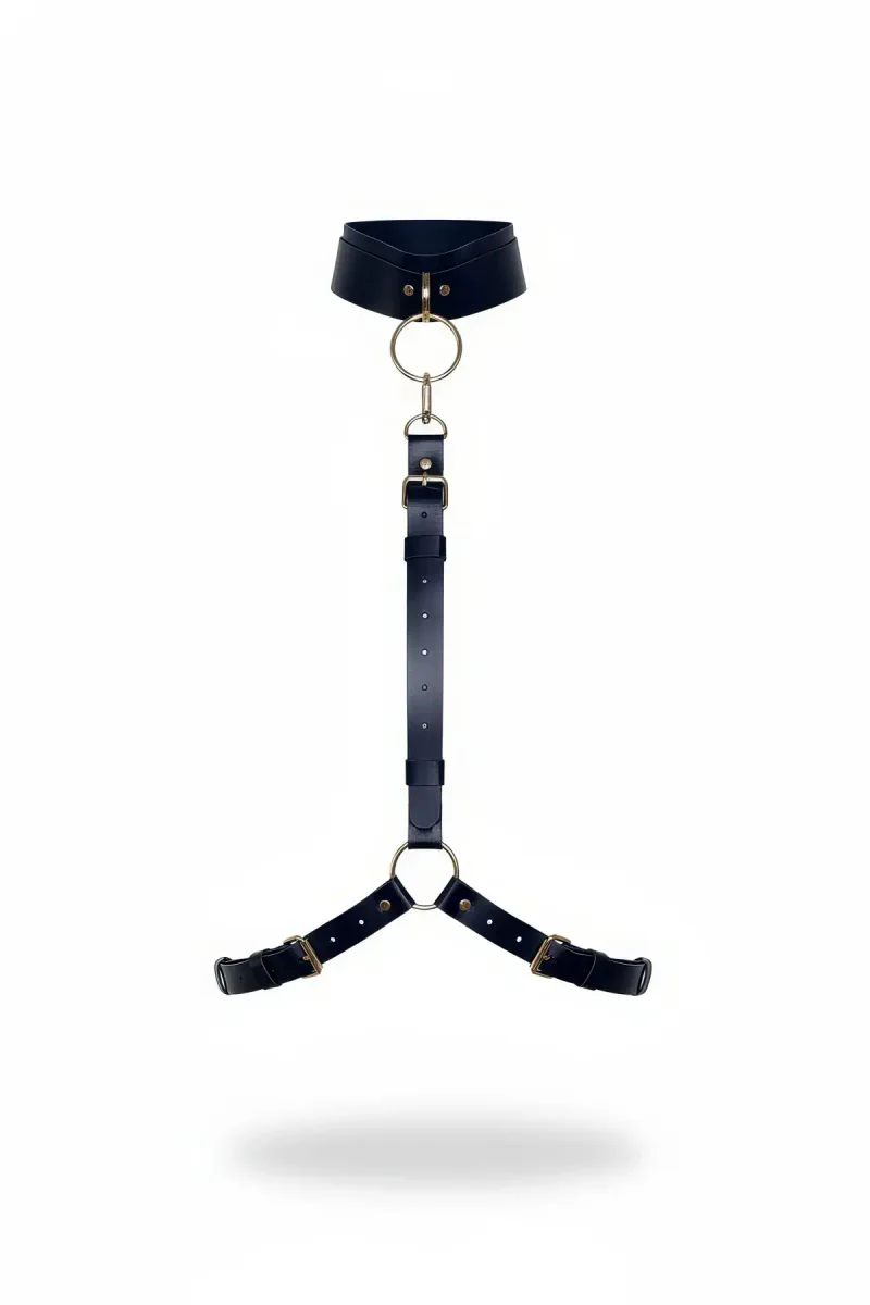 Black faux leather choker neck body harness with gold-tone O-ring and adjustable straps