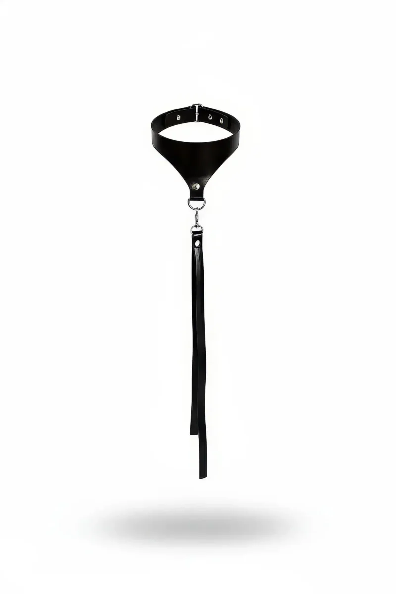 Black faux leather choker with a dangling detachable tassel secured by a silver O-ring and lobster clasp.